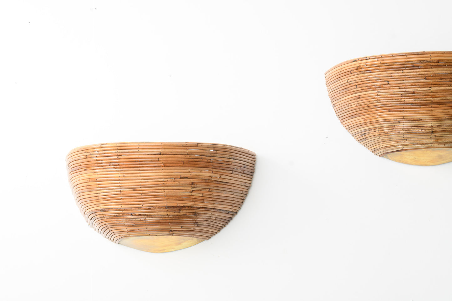 Pair of Brass & Rattan Half Dome Wall Light
