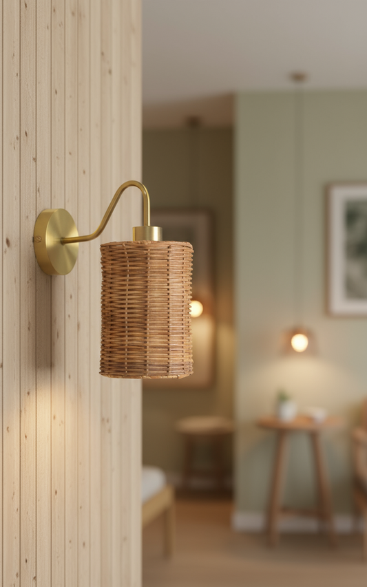 Wall-mounted light fixture with rattan shade and brass arm