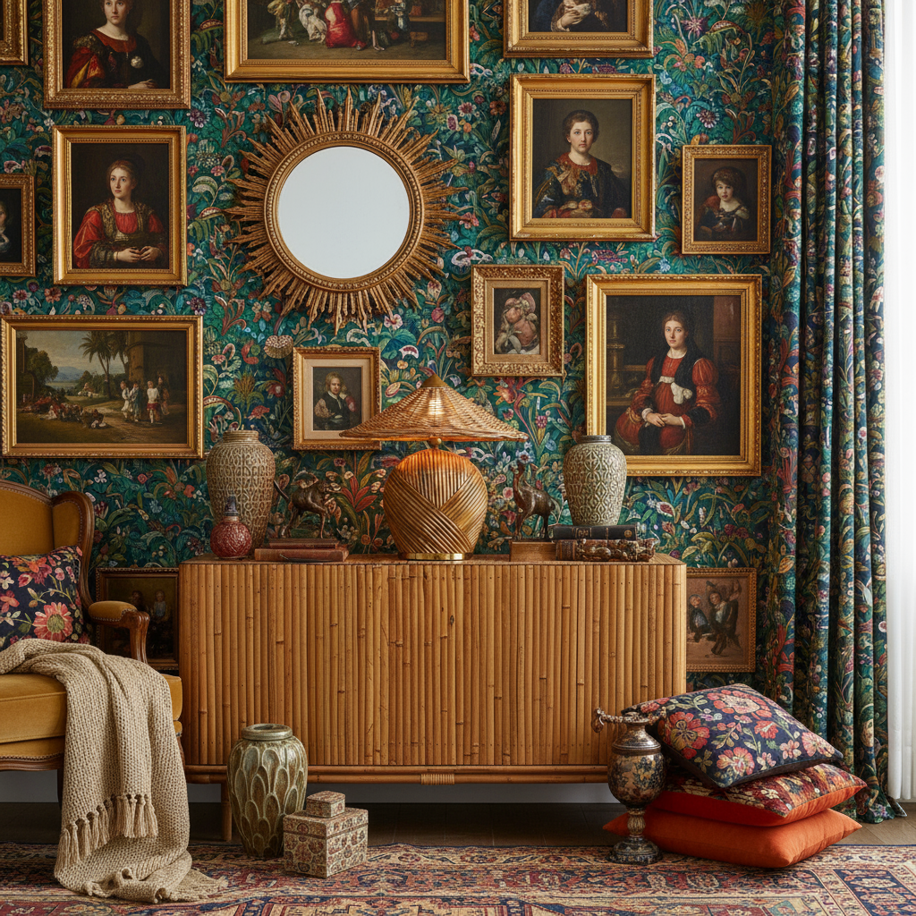 A brown and gold colored table lamp made of rattan with a wicker shade, placed on a wooden surface.