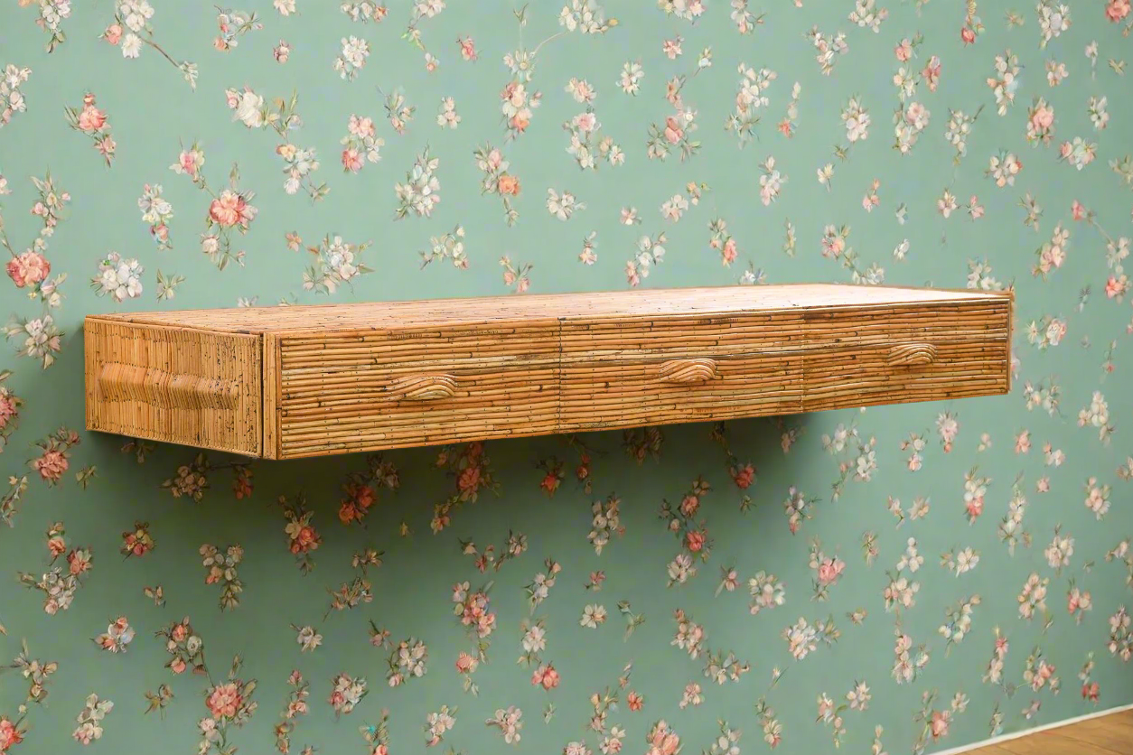 Wooden shelf against a floral-patterned wall