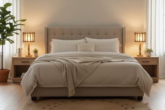 Pair of Palo 02 Rattan Table Lamps in Bedroom Setting