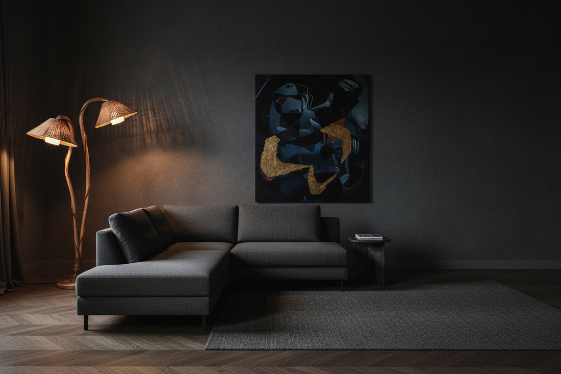 Thalia twin-stem floor lamp with two illuminated woven shades beside a grey sectional sofa, abstract artwork and a rug in a dark living room