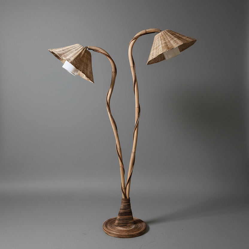 Thalia Rattan Floor Lamp — dual stem handcrafted rattan, warm ambient light, USA