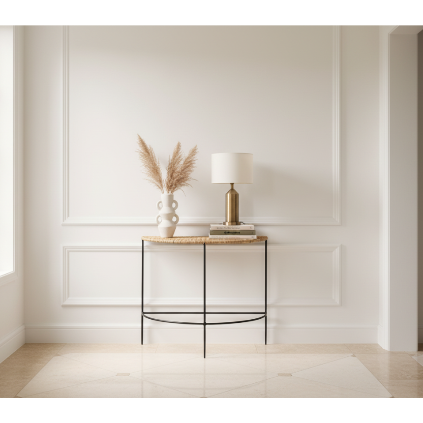 Noir Arc Rattan Console - Natural Woven Rattan Top with Clear Finish by Rattanology