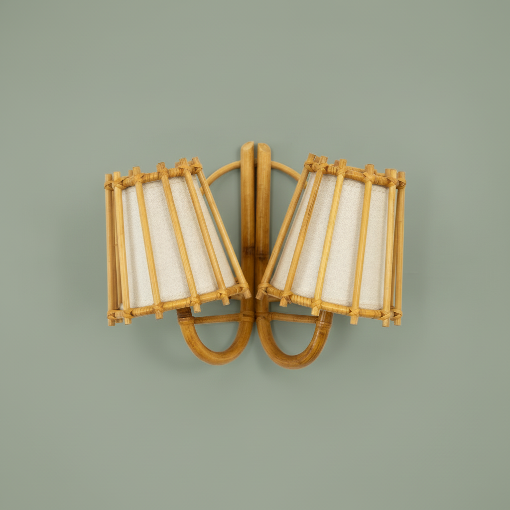 Duo Rattan Wall Sconce — Full Product View on Wall | Rattanology USA