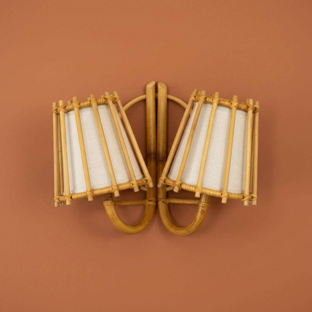 Duo Rattan Wall Sconce — Close-Up Pencil Reed Woven Shade | Rattanology USA
