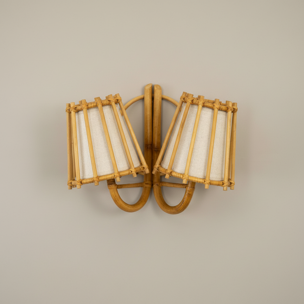 Duo Rattan Wall Sconce — Bent Frame and Pencil Reed Shades, Front View | Rattanology USA