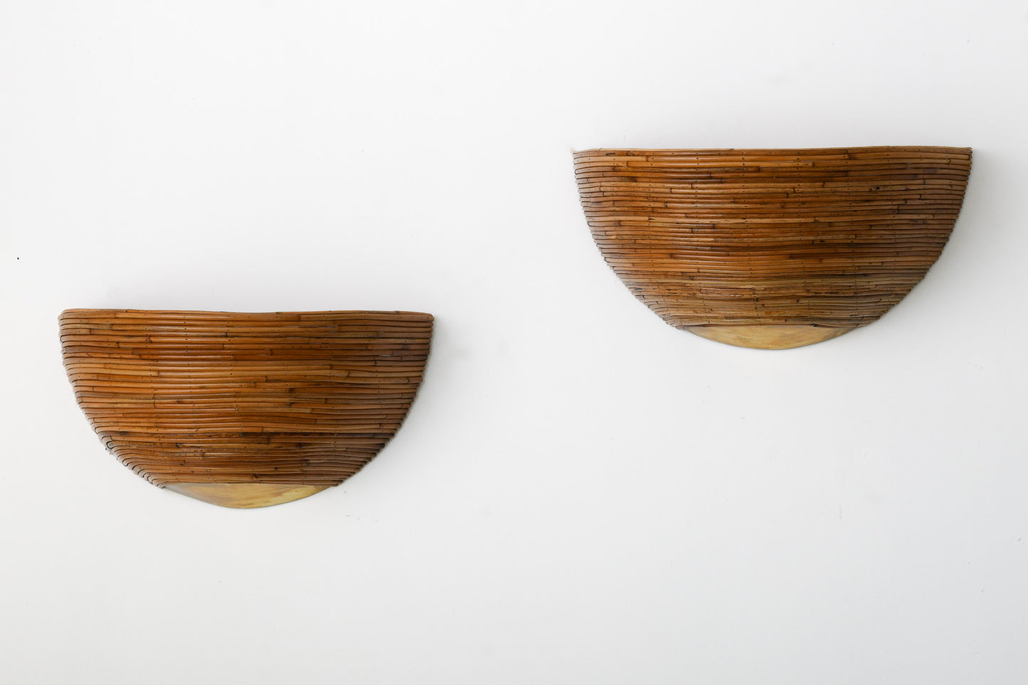 Pair of Brass & Rattan Half Dome Wall Light