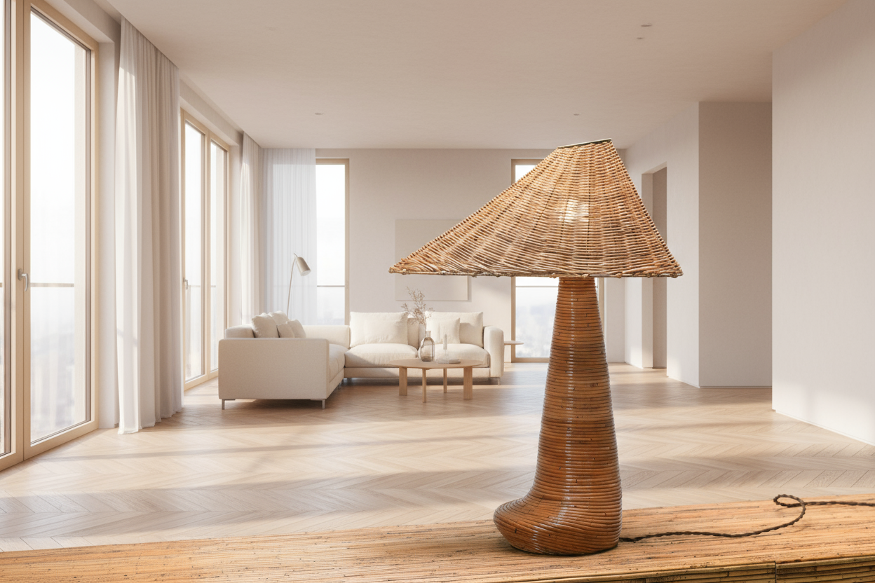 Wicker floor lamp in a modern living room with large windows.
