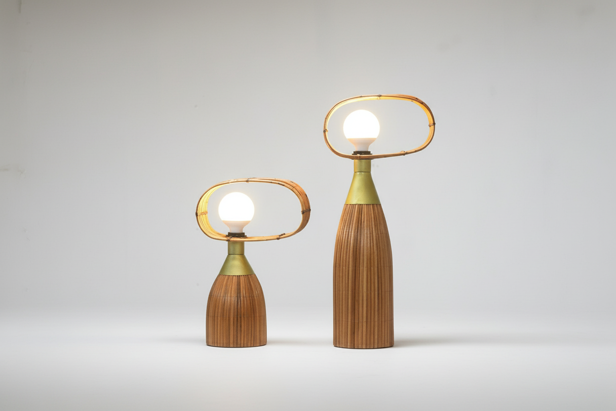 Two modern table lamps with wooden bases and metal loops on a wooden surface against a gray background.