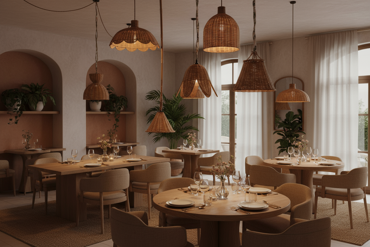 Set of wicker pendant lamps on a white background