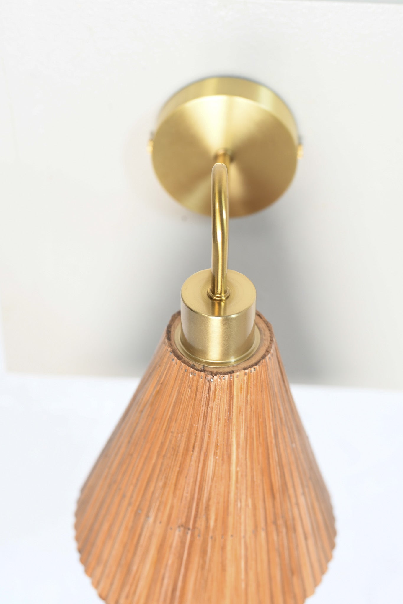 Asymmetrical Cone- Shaped Brass & Rattan Wall Sconce