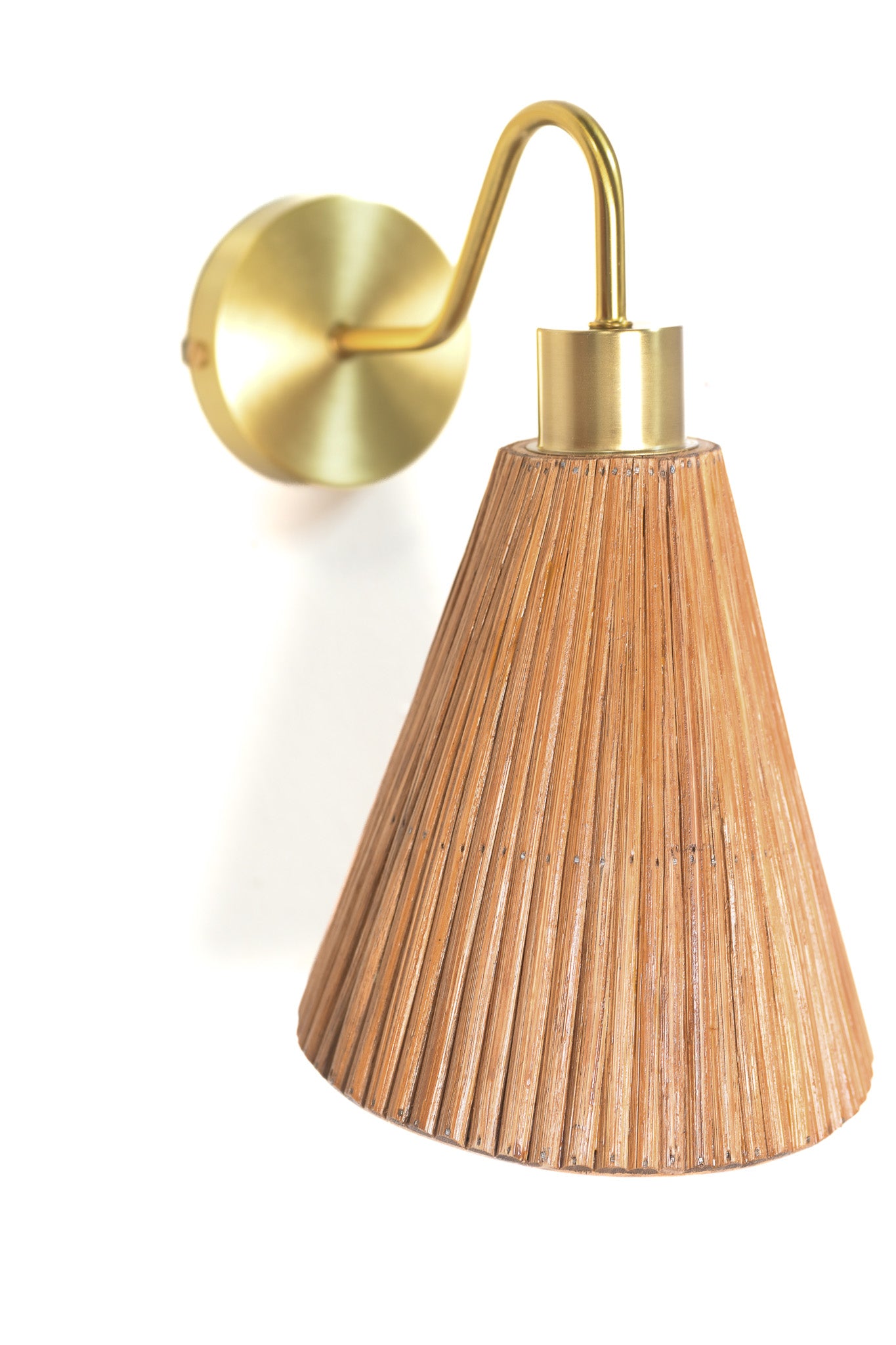 Asymmetrical Cone- Shaped Brass & Rattan Wall Sconce