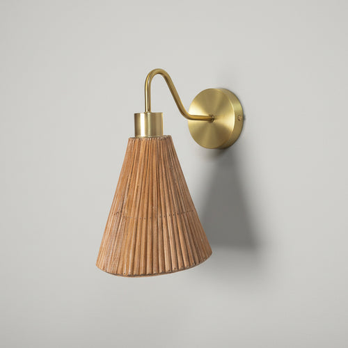 Cone rattan wall sconce with downward light, handcrafted woven shade, wall mounted
