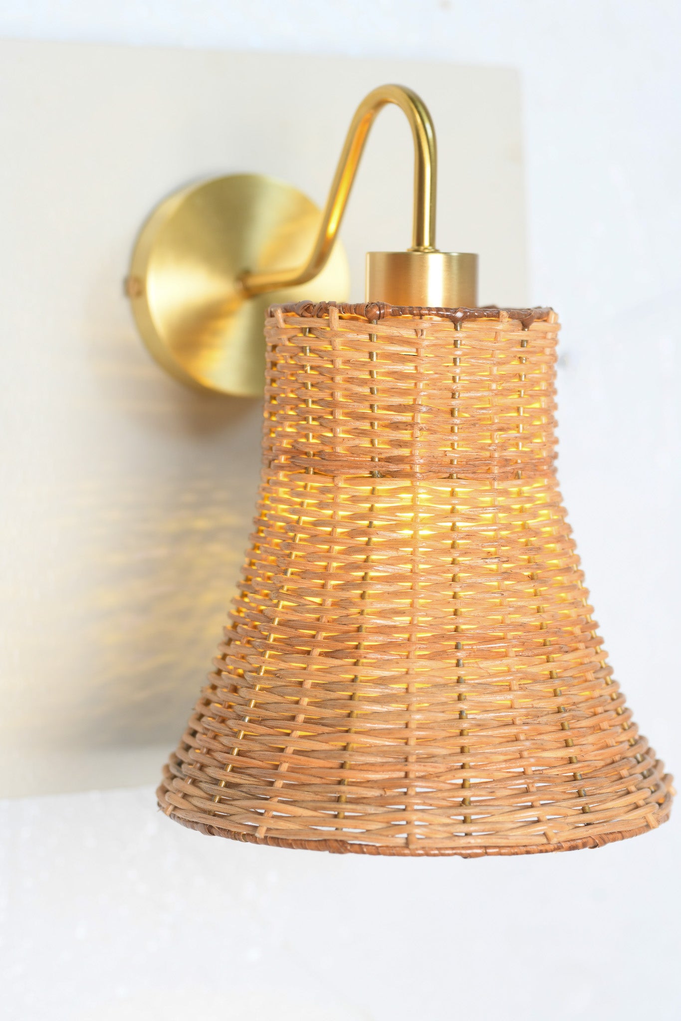 Bell- Shaped Brass & Rattan Wall Sconce