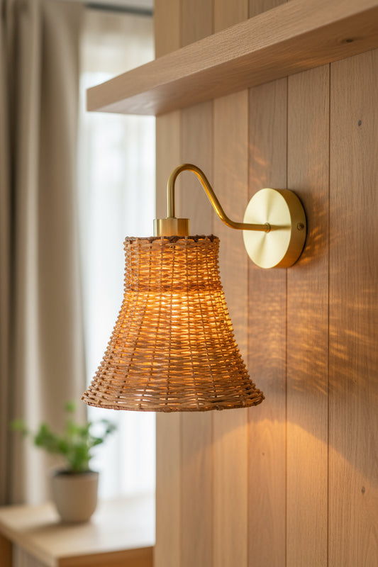 Wall sconce with wicker shade and brass fixture