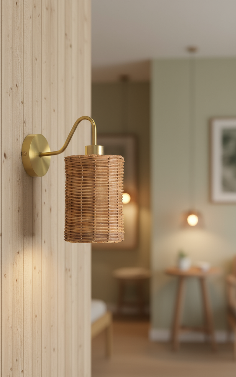 Wall-mounted light fixture with rattan shade and brass arm 