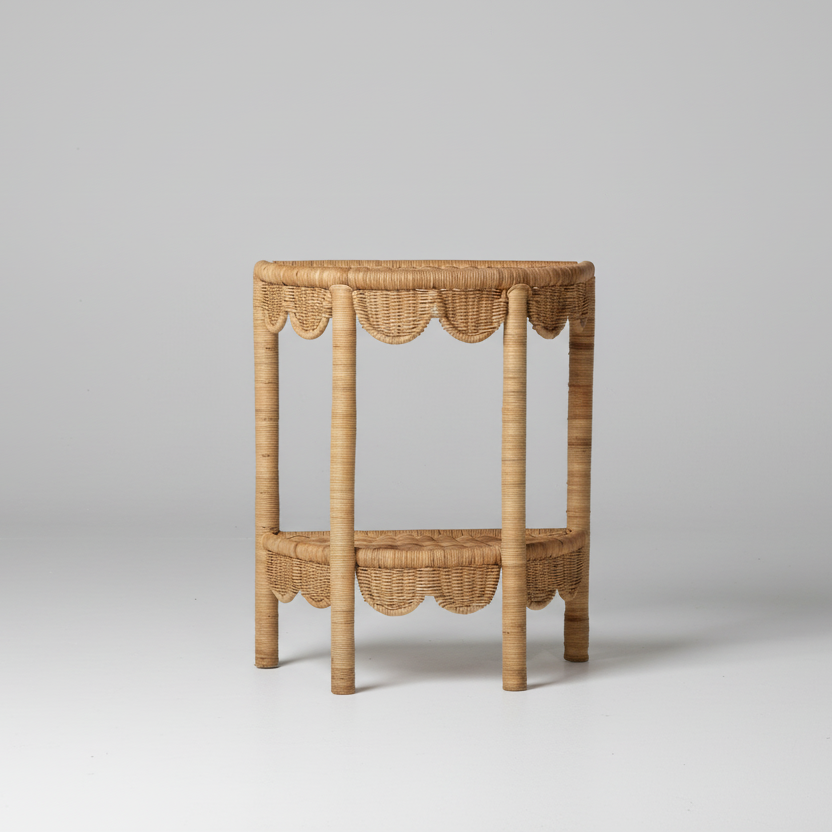 Handwoven Scalloped Rattan Nightstand - The Scallop Bedside Table