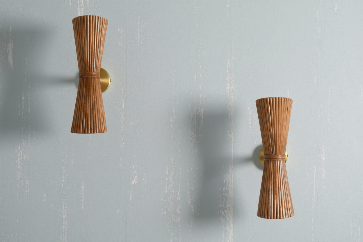 Rattan Pleated Wall Sconce - Set of 2