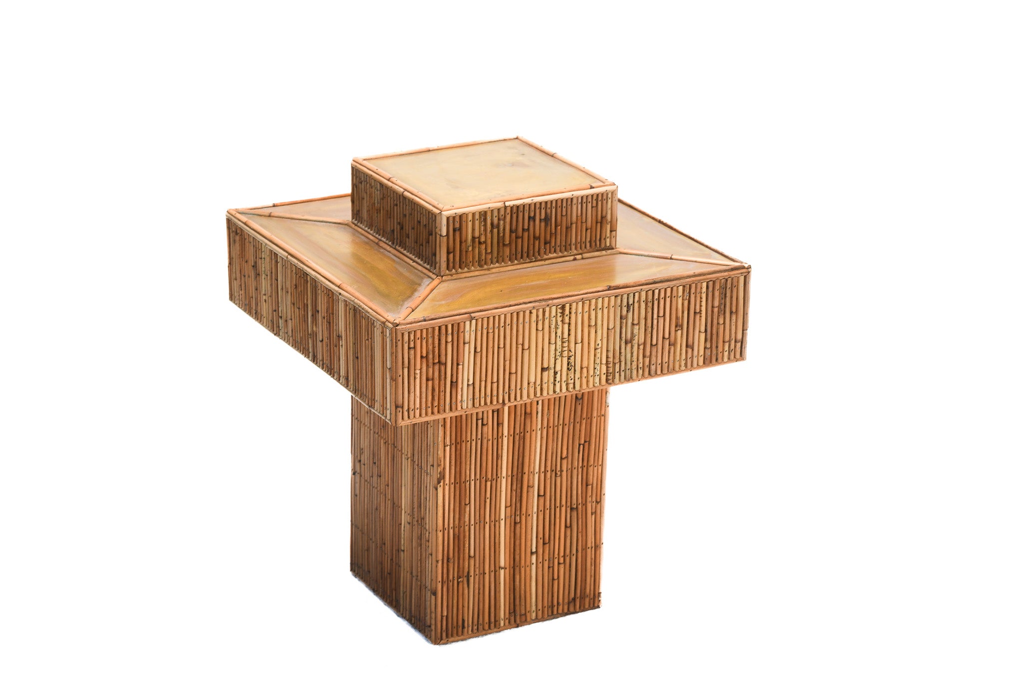 Geometric Rattan Prism Side Table with Brass Top
