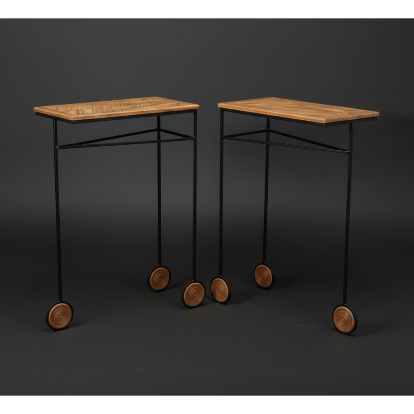 Trois rattan side table pair by Rattanology — three-legged design with rattan cane top and black metal frame