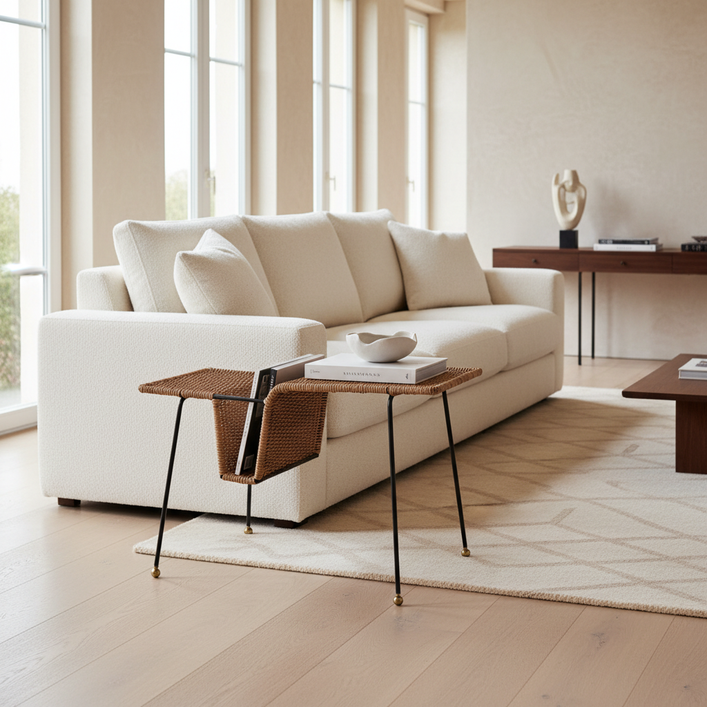 Ledger Magazine Table styled in living room — rattan side table with book storage by Bill Parry for Rattanology