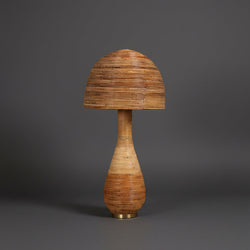 Hand-woven arorog rattan mushroom table lamp, brass E27 fitting, warm ambient glow — Shroom 004 by Rattanology