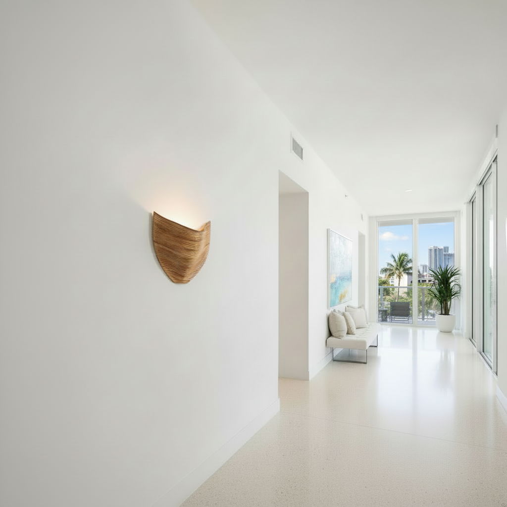 Aurora Rattan Wall Sconce — free-form sculptural silhouette in high-end hallway setting