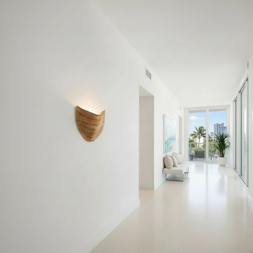 Aurora Rattan Wall Sconce — free-form sculptural silhouette in high-end hallway setting