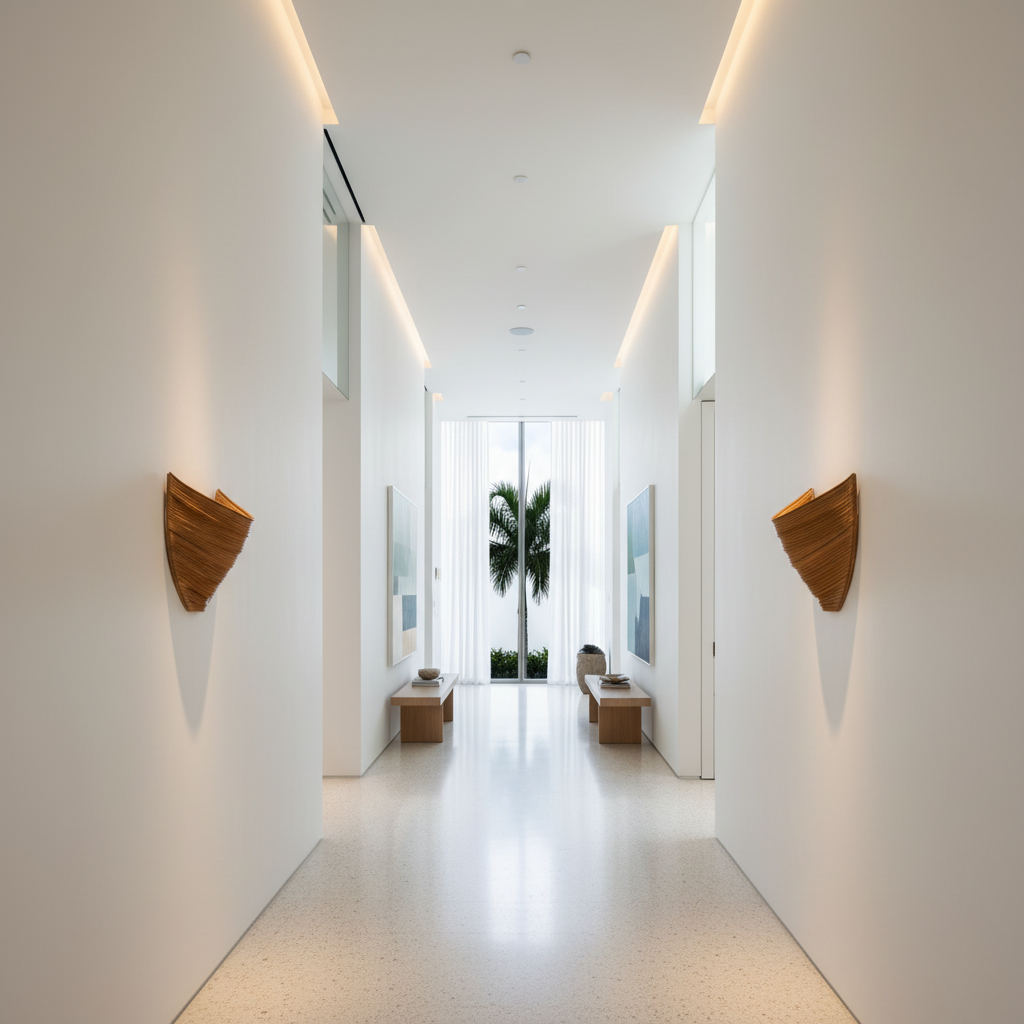 Aurora Rattan Core Wall Sconce — organic form, luxury hallway interior, Rattanology