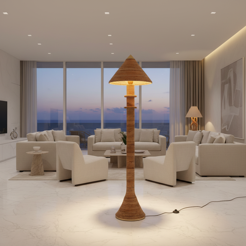 Rattan Capri Floor Lamp — ambient light through rattan wrap, warm dappled light