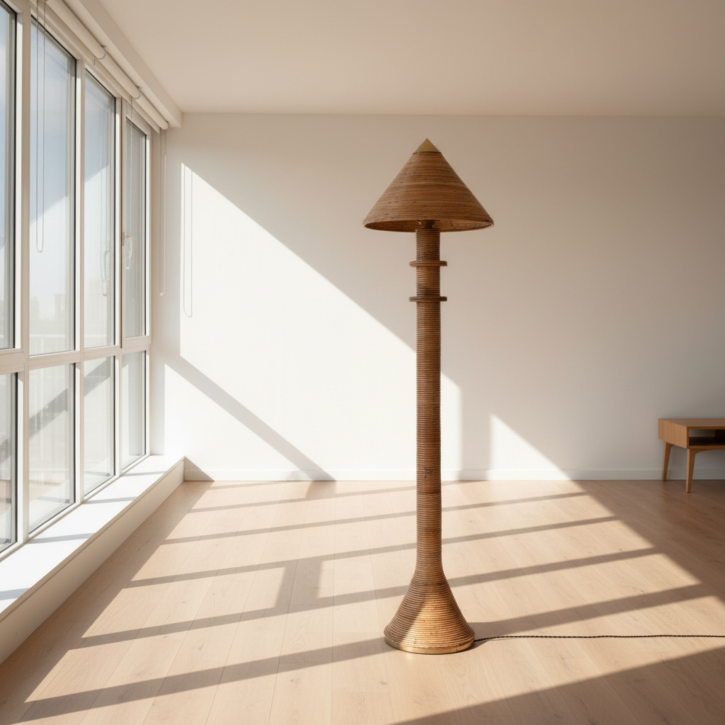 Rattan Capri Floor Lamp — detail view, natural rattan wrap texture, Mediterranean coastal style