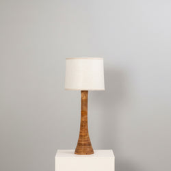 "The Stem hand-wrapped rattan table lamp, skin-on finish, full profile, studio warm grey — Rattanology"