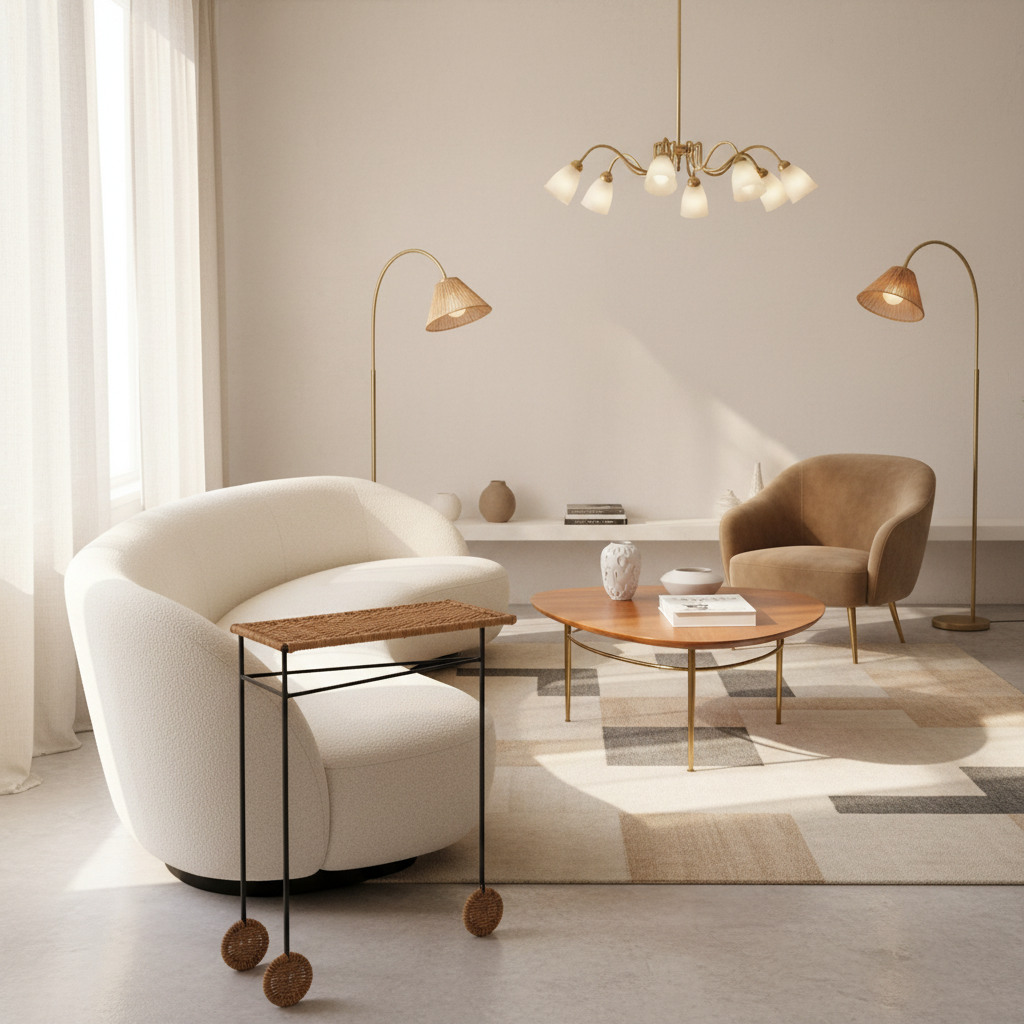 Trois rattan side table pair — woven rattan top detail, black powder-coated frame
