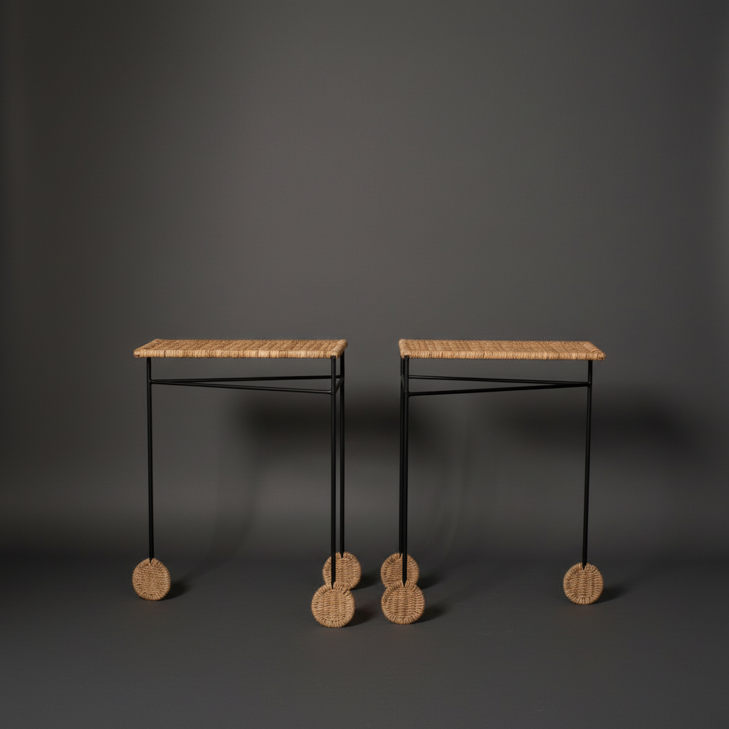 Side view of Trois rattan woven side table showing circular rattan feet and diagonal metal bracing