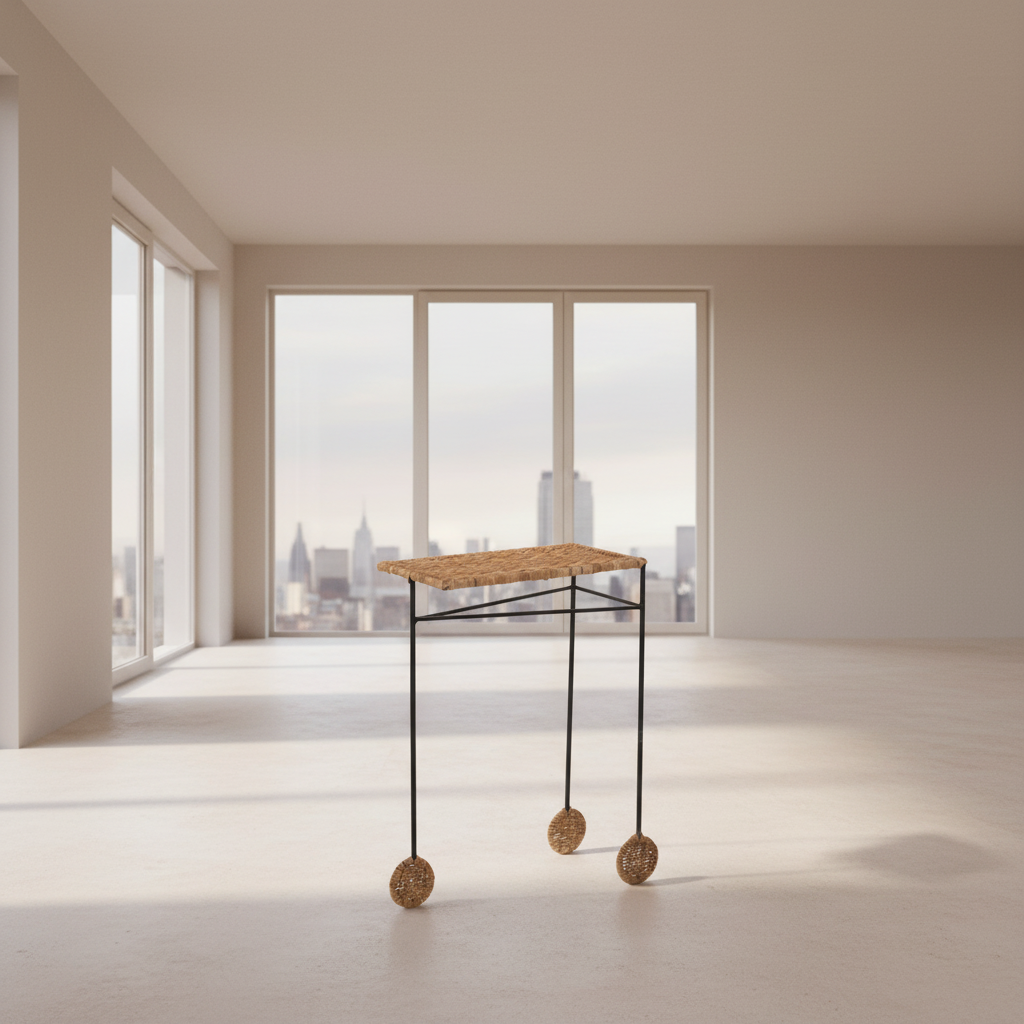 Trois rattan side table pair styled in living room — mid-century silhouette in natural rattan
