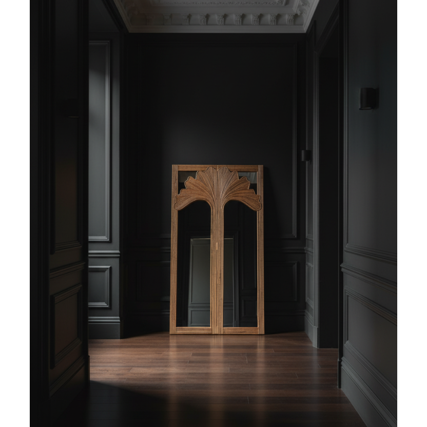 Detail of hand-wrapped skin-on rattan frame, The Ginkgo Leaner mirror by Rattanology