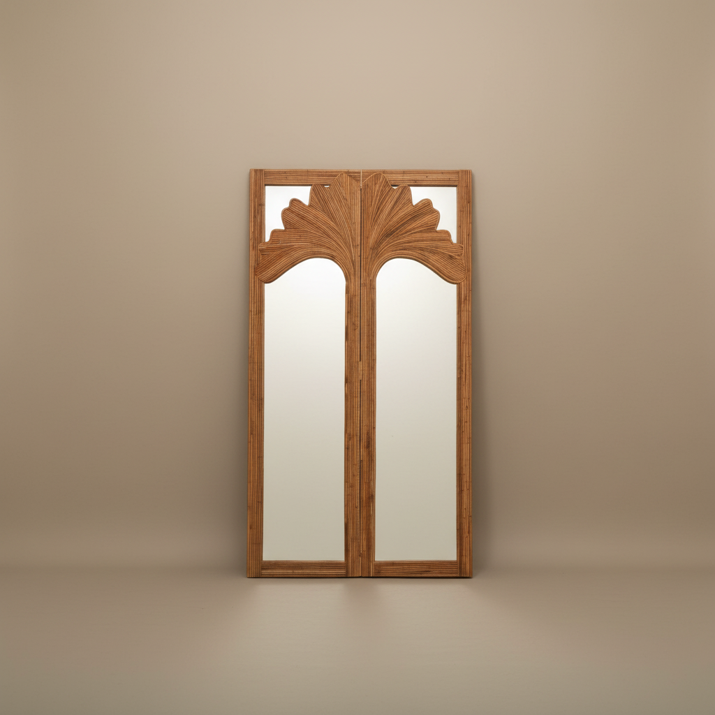 Detail of hand-wrapped skin-on rattan frame, The Ginkgo Leaner mirror by Rattanology