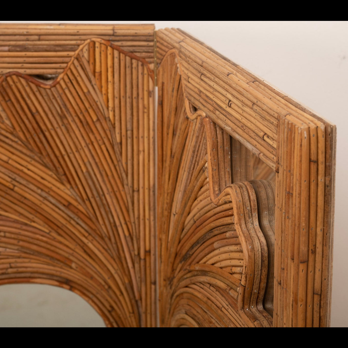 Ginkgo Leaner rattan mirror — front view, skin-on rattan frame, Rattanology