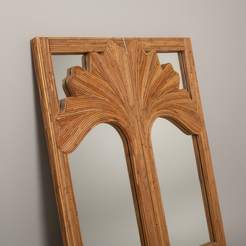 The Ginkgo Leaner — full-length rattan leaner mirror with brass ginkgo leaf hinges by Rattanology