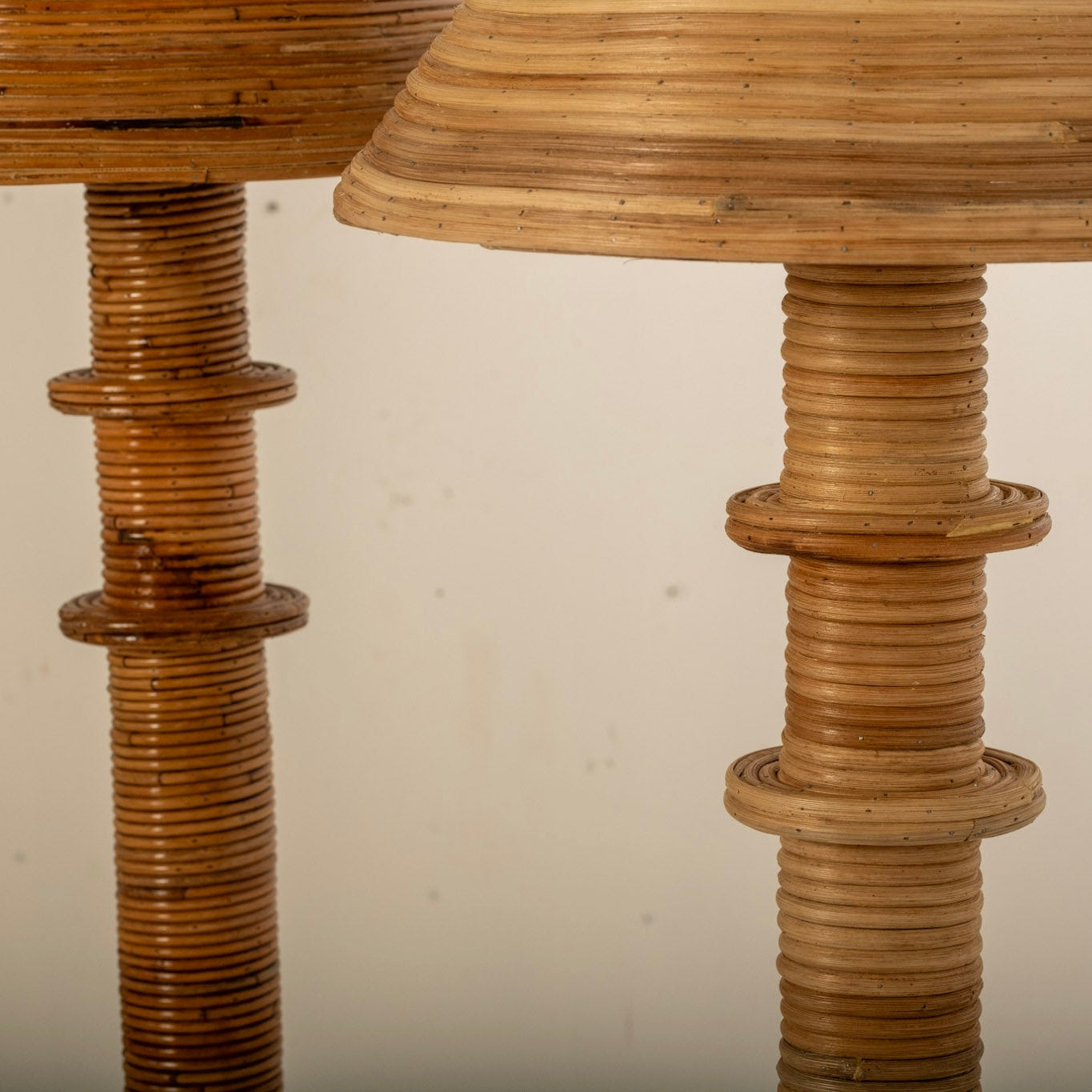 Rattan Capri Floor Lamp — gold powder-coated shade harp cap and lamp base trim detail