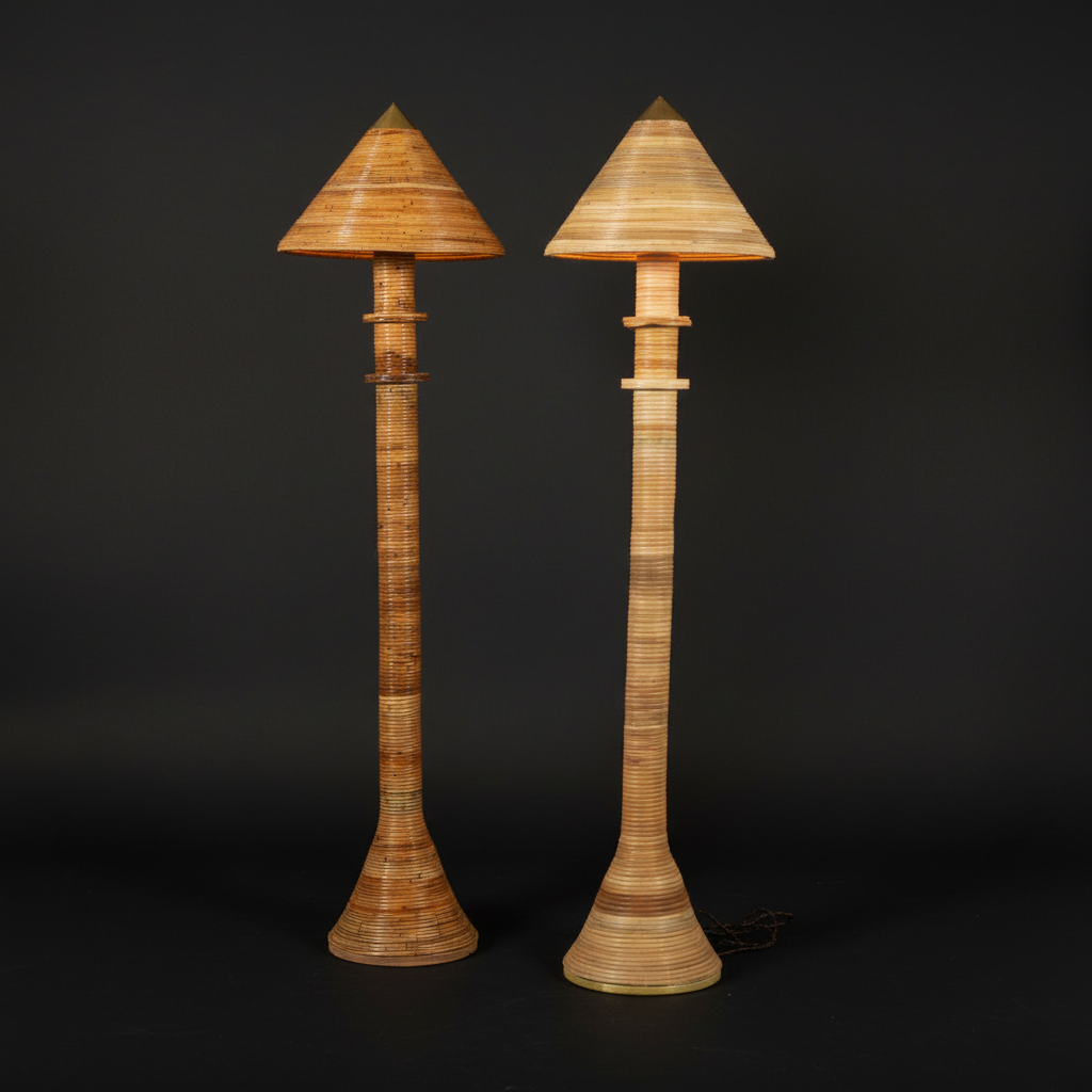 Rattan Capri Floor Lamp by Rattanology — Skin On and Peeled variants shown, rattan wrap, gold powder-coated hardware, price per lamp