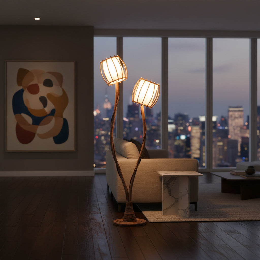 Calyx Rattan Floor Lamp detail — woven rattan texture, natural finish, USA