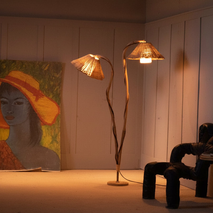 Thalia Rattan Floor Lamp detail — hand-woven rattan shade, natural finish, USA