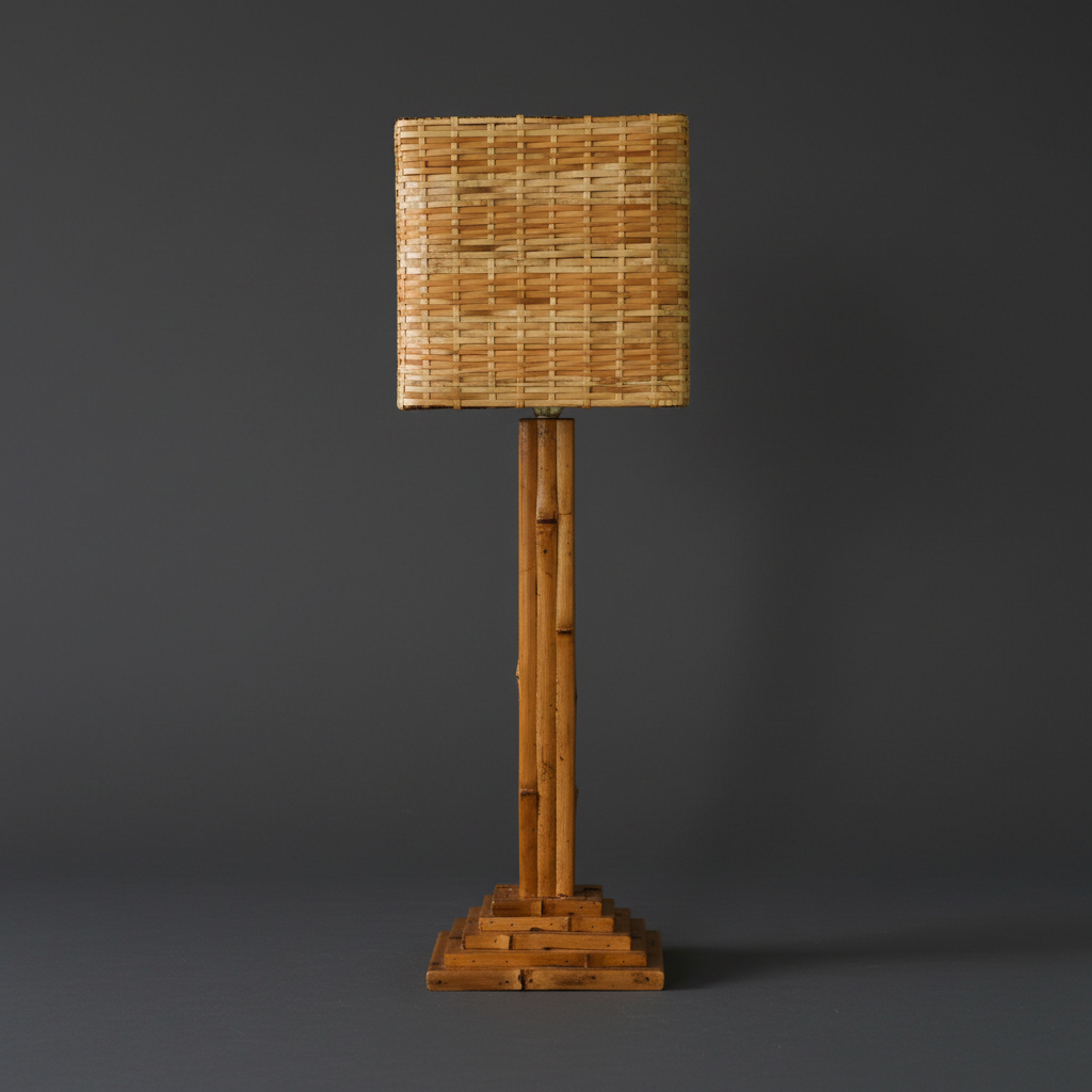 Step Bamboo Table Lamp | Woven Cube Shade | Vintage Modernist Style
