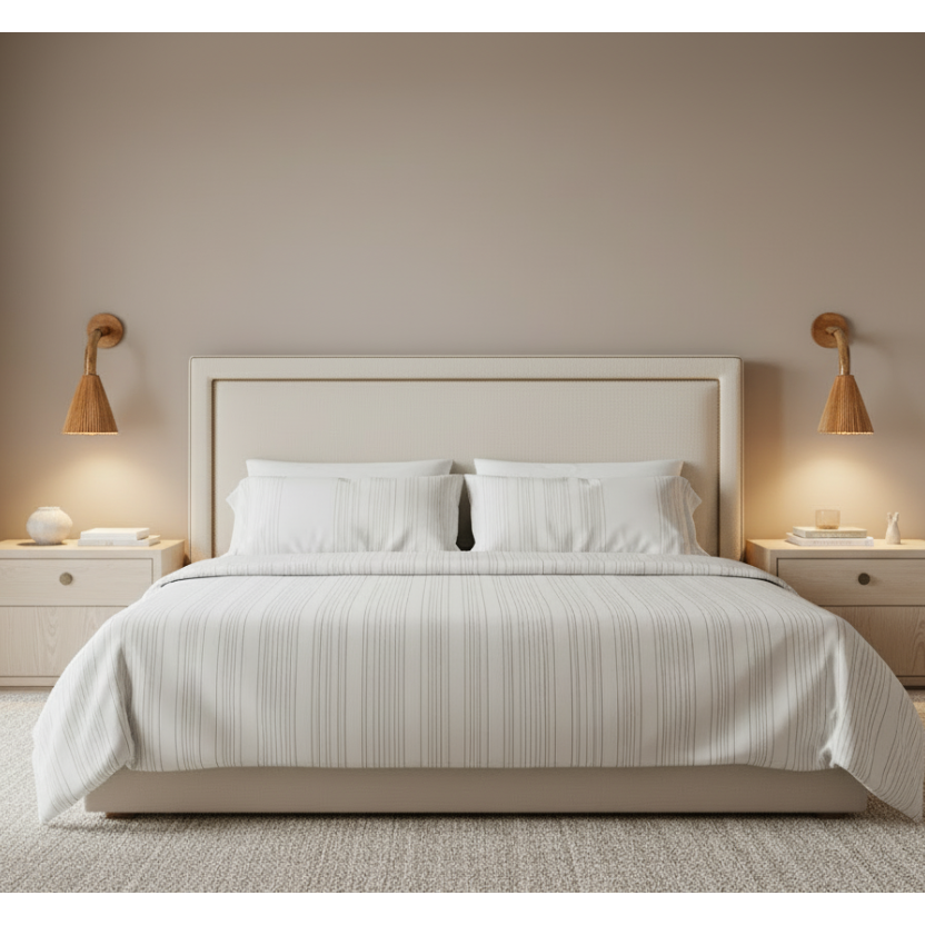 Cone 002 Wall Lamp installed — wooden wall mounting base and rattan pole