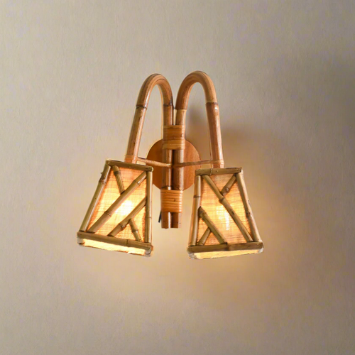 Chippendale Rattan & Bamboo Dual Wall Sconce – Handcrafted Vintage Lighting by Rattanology