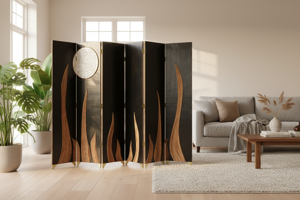 Day & Night 6-Panel Rattan Screen with Single Moon