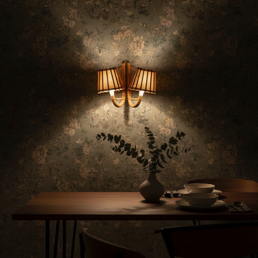 Duo Rattan Wall Sconce — Mounted in Dining Area, Double Shade Detail | Rattanology USA
