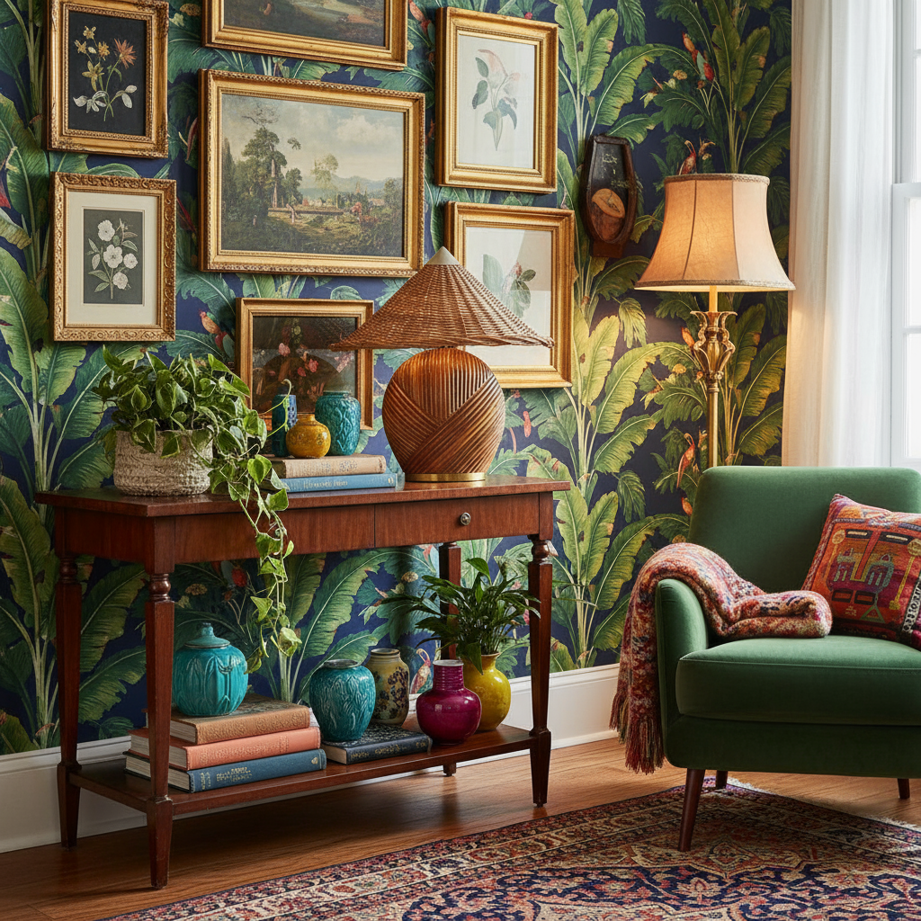 Wicker table lamp with a conical shade on a white background